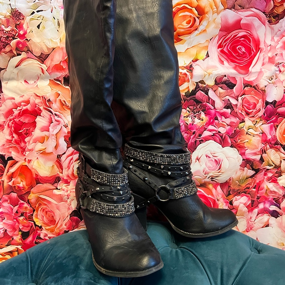 Black Heeled Boots with Studded Ankle Straps